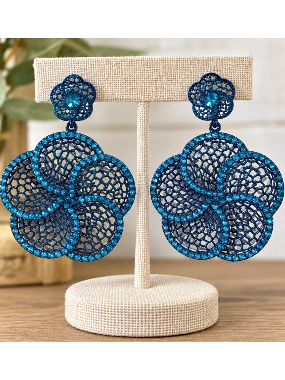 Teal Blue Rhinestone Filigree Statement Earrings